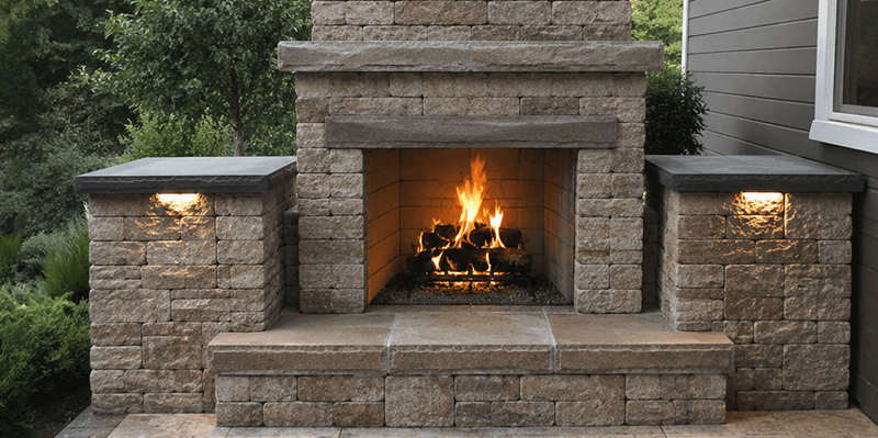 Outdoor-Fireplace-AI-Generated Custom outdoor stone fireplace with built-in seating walls by Trepanier Masonry in Bemidji, MN.